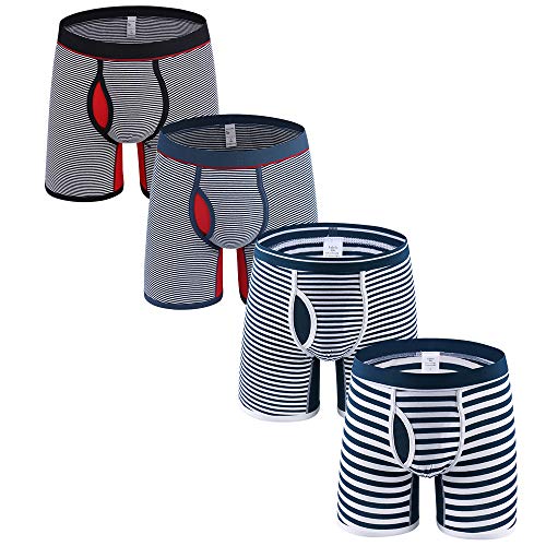 DODOMIAN Pantalones cortos de boxeador de pierna larga para hombre sin paseo hasta troncos de algodón ropa interior deportiva, Boxers a rayas - 2 (4 unidades), L