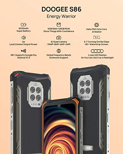 DOOGEE S86 [2021] 8500mAh Batería Movil, 6GB RAM+128GB ROM IP68 IP69K Smartphone Resistente Agua y Golpes, Cámara Cuádruple 16MP Moviles Todoterreno 4G, Helio P60 6.1inch, NFC, Naranja