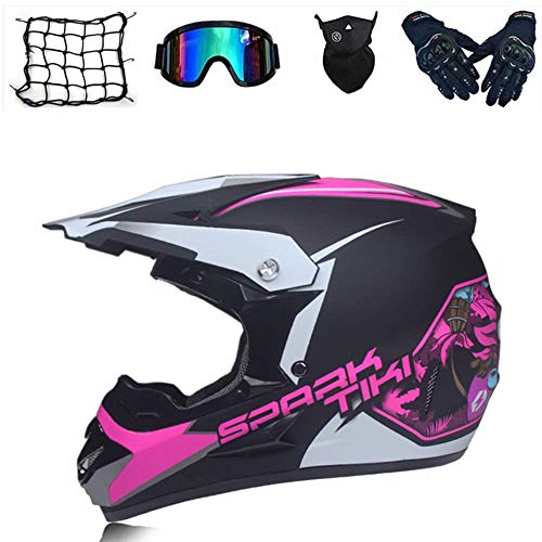 D.O.T - Juego de casco de motocross (5 unidades) con guantes, máscara, casco de moto, casco de cross, casco estándar para niños, quad, bicicleta, ATV, Go Kart, protección de seguridad (D,L)