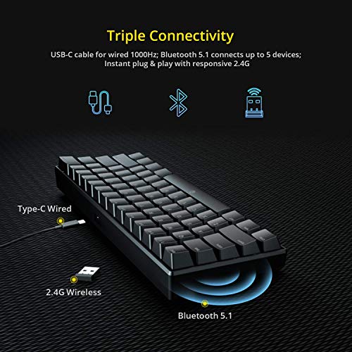 DREVO Seer MAX RGB Mini Teclado mecánico Bluetooth 5.1 y 2.4G de 61 Teclas, alámbrico e inalámbrico, Compatible con el Sistema operativo Windows/Mac,US Layout. (Gateron Azul Switch, Negro)