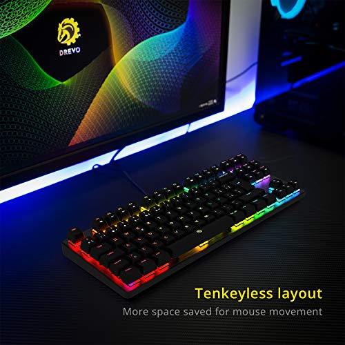 DREVO Tyrfing V2 Teclado Mecánico Gaming, 88 Key Distribución QWERTY Español, RGB retroiluminado Tenkeyless,con Programa Multimedia y Soporte de Software, Outemu táctil [Interruptor Azul, Negro]