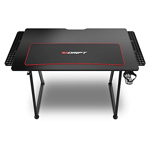 Drift Gaming -DRDZ75- Mesa Gaming con tablero de fibra de carbono cubierto por un alfombrilla full size, soporte para tazas y auriculares, patas regulables, color negro