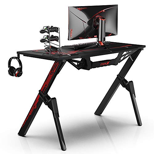 Dripex Mesa Gaming 110x55x75 cm, Mesa para Juegos, Escritorio Juegos con Gran Superficie de Fibra Carbono, Soporte Bebidas, Gamepad Auriculares