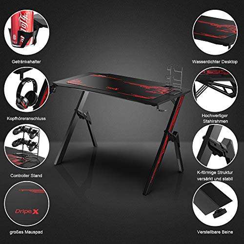 Dripex Mesa Gaming 110x55x75 cm, Mesa para Juegos, Escritorio Juegos con Gran Superficie de Fibra Carbono, Soporte Bebidas, Gamepad Auriculares