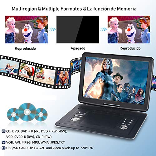 DVD Portátil 15.5" para Niños, WONNIE Reproductor de DVD para Coche en Viaje, Pantalla Giratoria, 6 Horas Batería Recargable, Soporta SD/USB, Sincronizar con TV, con Soporte de Reposacabeza