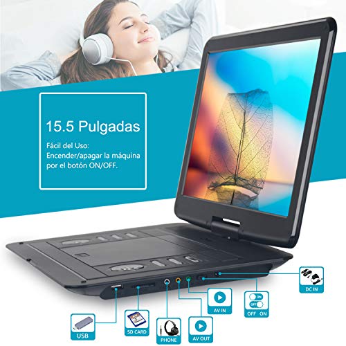 DVD Portátil 15.5" para Niños, WONNIE Reproductor de DVD para Coche en Viaje, Pantalla Giratoria, 6 Horas Batería Recargable, Soporta SD/USB, Sincronizar con TV, con Soporte de Reposacabeza
