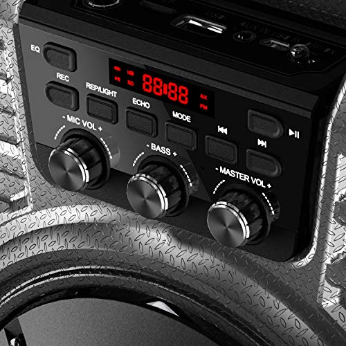 EARISE T26 Pro Máquina de karaoke con 2 micrófonos inalámbricos, sistema PA portátil Altavoz Bluetooth PA con luces LED, grabación de audio, radio FM, control remoto, soporta tarjeta TF/USB/AUX