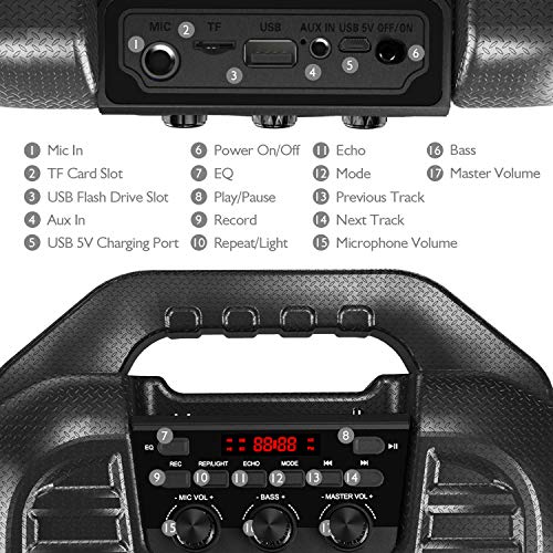 EARISE T26 Pro Máquina de karaoke con 2 micrófonos inalámbricos, sistema PA portátil Altavoz Bluetooth PA con luces LED, grabación de audio, radio FM, control remoto, soporta tarjeta TF/USB/AUX