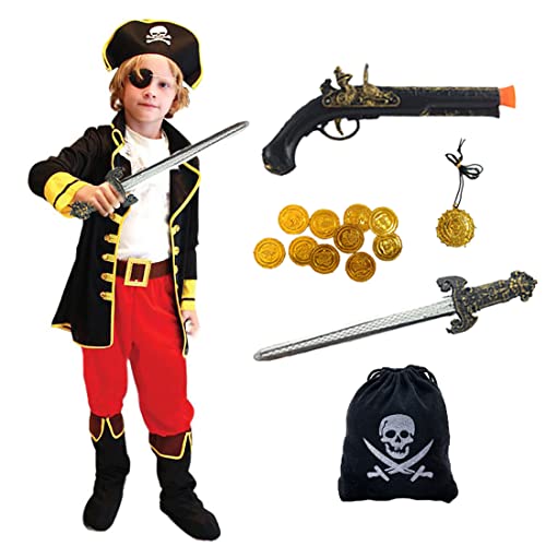 Ecloud Shop Disfraz de pirata con accesorios de pirata Sword Pistol Kids Pirate Theme Disfraz Set Suministros de juego de rol para niños, talla L
