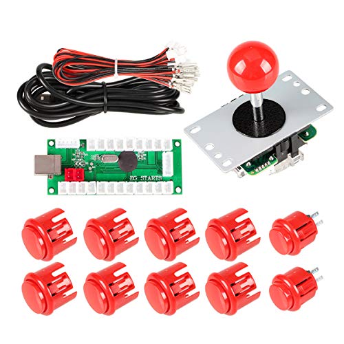 EG STARTS Zero Delay Arcade DIY Handle Kit Parts USB Encoder para PC Juegos 5 Pines Joystick + 24mm 30mm Botones para Arcade Cabinet Mame & Raspberry pi 2 3B Model Project (Red)