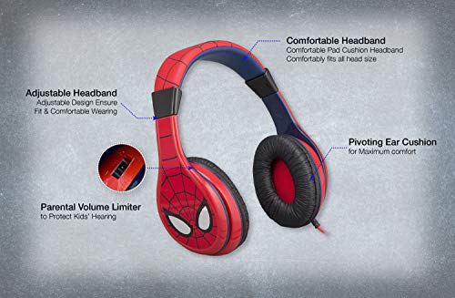 eKids Spiderman - Auriculares para niños (Control de Volumen, diseño Cara de Spiderman) Color Rojo y Azul