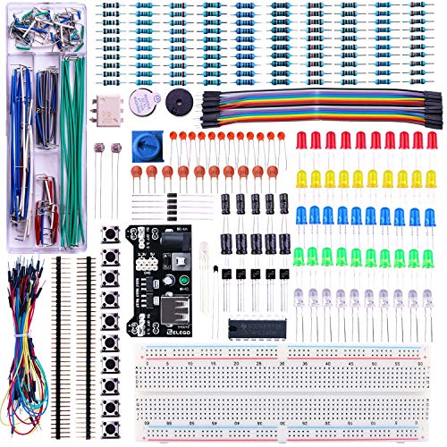 ELEGOO Kit Mejorado de Componentes Electrónicos con Módulo de Alimentación, Placa de Prototipos (Protoboard) de 830 Pines, Cables Puente, Potenciómetro, STM32, Raspberry Pi, Compatible con Arduino IDE