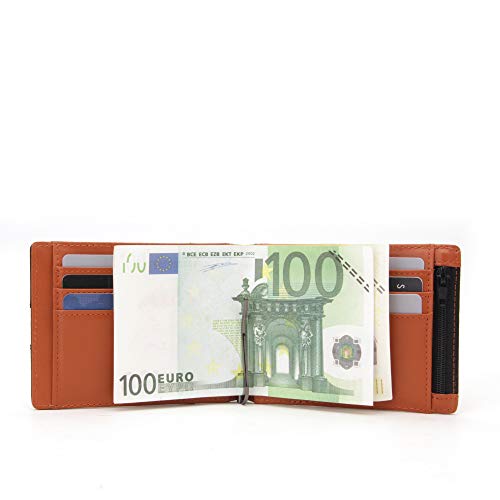 Ellemka - Billetera Hombre Slim | Cuero Autentico Bisonte Búfalo RFID | Cartera Tarjetero | Serie MZM Modelo VABB Caja Regalo - Bi-Color Piel color Negro Naranja