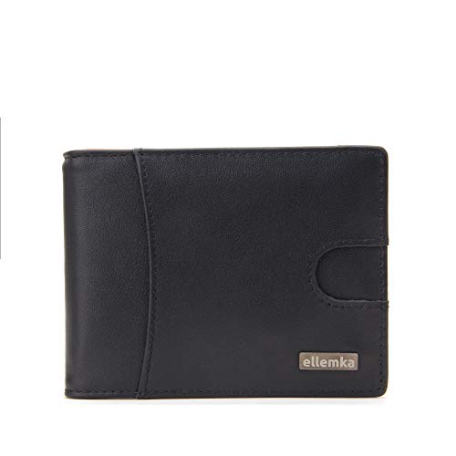 Ellemka - Billetera Hombre Slim | Cuero Autentico Bisonte Búfalo RFID | Cartera Tarjetero | Serie MZM Modelo VABB Caja Regalo - Bi-Color Piel color Negro Naranja