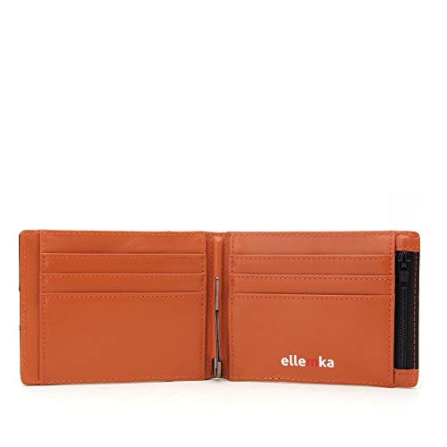 Ellemka - Billetera Hombre Slim | Cuero Autentico Bisonte Búfalo RFID | Cartera Tarjetero | Serie MZM Modelo VABB Caja Regalo - Bi-Color Piel color Negro Naranja