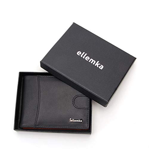 Ellemka - Billetera Hombre Slim | Cuero Autentico Bisonte Búfalo RFID | Cartera Tarjetero | Serie MZM Modelo VABB Caja Regalo - Bi-Color Piel color Negro Naranja