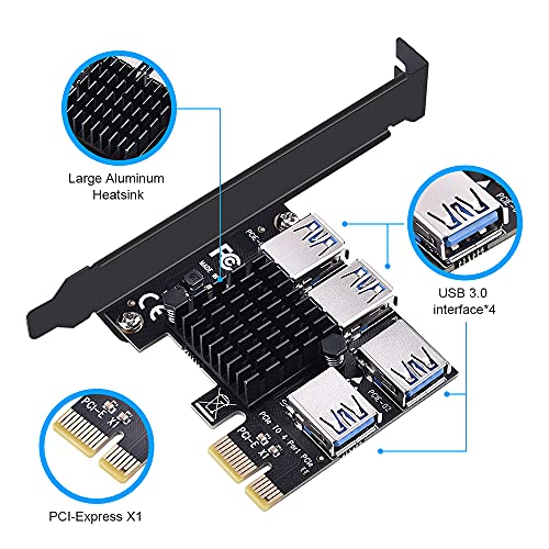 ELUTENG PCIe Riser PCIe 1 a 4 Puertos Tarjeta PCI-E 1X a 4 USB 3.0 Tarjeta Vertical PCI-e Adaptador con Disipador de Calor Grande Admite PCIE X1 / X4 / X8 / X16 para Minería de Bitcoin