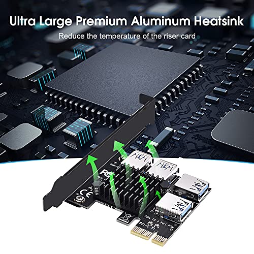 ELUTENG PCIe Riser PCIe 1 a 4 Puertos Tarjeta PCI-E 1X a 4 USB 3.0 Tarjeta Vertical PCI-e Adaptador con Disipador de Calor Grande Admite PCIE X1 / X4 / X8 / X16 para Minería de Bitcoin