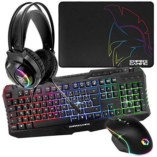 EMPIRE Gaming Armor S-100 Pack Gamer 4 en 1 RGB – Teclado RGB AZERTY anti-Ghosting – Micro auriculares RGB – Ratón RGB 6400 DPI – Alfombrilla de ratón – PC PS4 PS5 Xbox One Mac