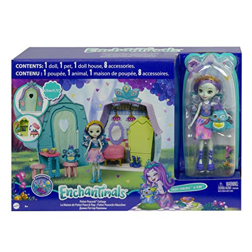 Enchantimals Patter Peacock con Casita de campo, muñeca pavo real con mascota, casa de juguete y accesorios (Mattel GYN61)