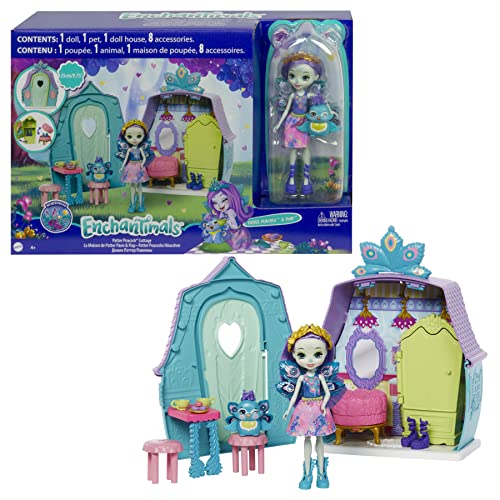 Enchantimals Patter Peacock con Casita de campo, muñeca pavo real con mascota, casa de juguete y accesorios (Mattel GYN61)