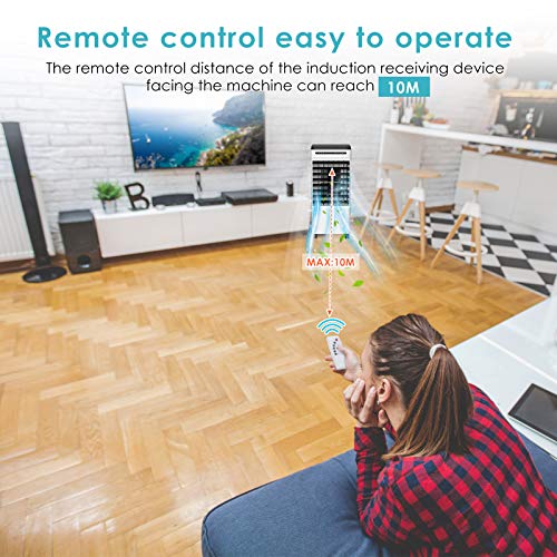Enfriador de Aire, Aire Acondicionador Móvil 65W, 3 Modos Climatizadore Evaporativo 4 en 1, Purificador, Humidificador, Ventilador, Temporizador de 1-7 H, con Ruedas, 5L Tanque de Agua, Control Remoto