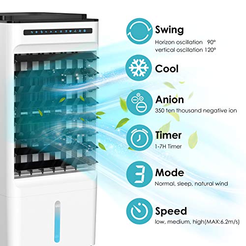 Enfriador de Aire, Aire Acondicionador Móvil 65W, 3 Modos Climatizadore Evaporativo 4 en 1, Purificador, Humidificador, Ventilador, Temporizador de 1-7 H, con Ruedas, 5L Tanque de Agua, Control Remoto