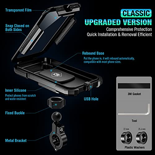 ENONEO Soporte Movil Moto Impermeable 360°Rotación Universal Soporte Movil Bicicleta con Pantalla Táctil Sensible Anti Vibración Soporte Telefono Bicicleta Montaña para 4.5-6.1" Móvil (Negro,S)