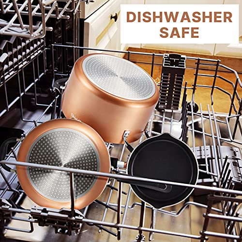 EPPMO Juego 12 Piezas Baterías de Cocina Antiadherentes(Ollas, Sartenes ,Cacerola y Otros Utensilios)con Boquillas, Aluminio Reforzado sin PFOA Apta para Todo Tipo de Cocinas Incluso Inducción,Cobre