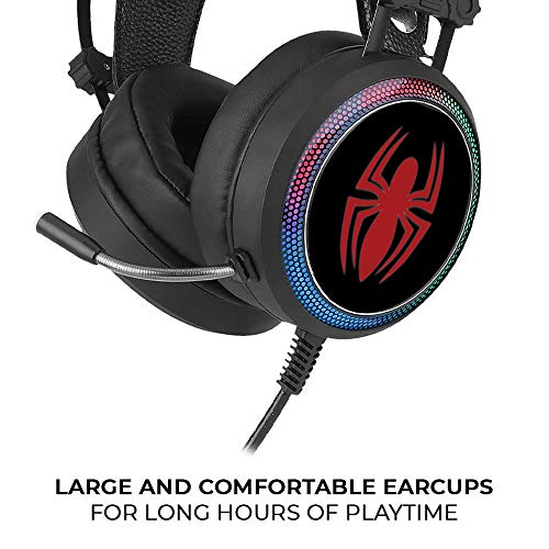 ERT GROUP Auriculares Spiderman, Auriculares para Juegos con micrófono, Auriculares supraaurales con Diadema Ajustable, Auriculares USB de 2,2 m, Auriculares LED con diseño Marvel