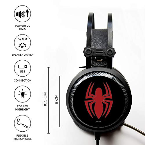 ERT GROUP Auriculares Spiderman, Auriculares para Juegos con micrófono, Auriculares supraaurales con Diadema Ajustable, Auriculares USB de 2,2 m, Auriculares LED con diseño Marvel