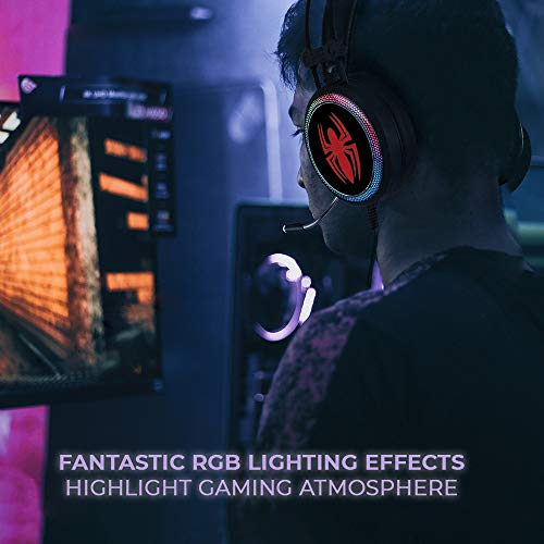 ERT GROUP Auriculares Spiderman, Auriculares para Juegos con micrófono, Auriculares supraaurales con Diadema Ajustable, Auriculares USB de 2,2 m, Auriculares LED con diseño Marvel