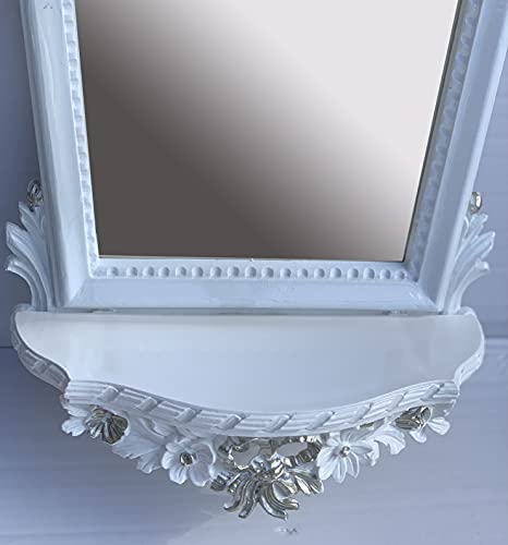 Espejo de pared decorativo con consola CP93S.S, diseño barroco, color blanco y plateado, espejo antiguo clásico, espejo de baño, 80 x 50 cm