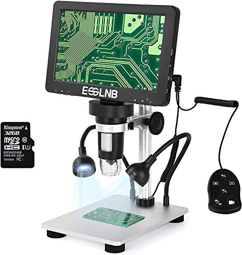 ESSLNB Microscopio Digital 7" LCD Microscopio Electronico 1080FHD Imagen con 32G Tarjeta Control Remoto 8 Luces LED Ajustables&2 Luces de Relleno Soporte de Metal Batería de Litio Recargable