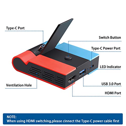Estación Carga Base TV Plegable para Nintendo Switch, Tendak Base Carga Estación Acoplamiento Interruptor Type C Portátil con Adaptador HDMI y Puerto USB 3.0