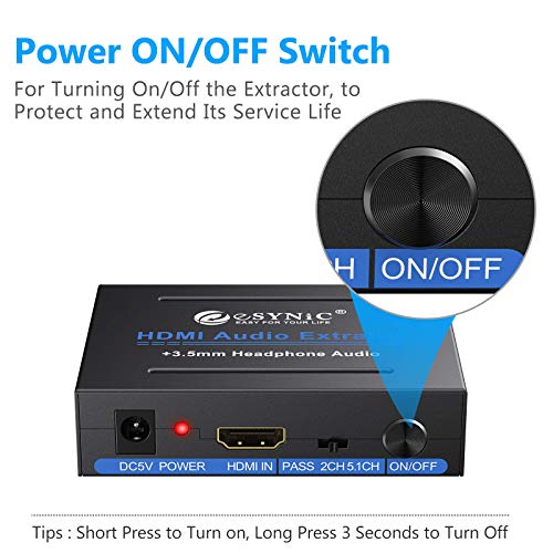 eSynic HDMI Extractor Audio Convertidor 1080P HDMI a HDMI Admite Toslink SPDIF Óptico, L/R, y Salida de Audio de 3.5mm con Interruptor de Encendido para Blu-ray DVD Player Xbox One SKY HD box PS3 PS4