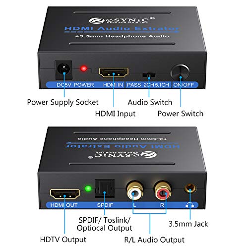 eSynic HDMI Extractor Audio Convertidor 1080P HDMI a HDMI Admite Toslink SPDIF Óptico, L/R, y Salida de Audio de 3.5mm con Interruptor de Encendido para Blu-ray DVD Player Xbox One SKY HD box PS3 PS4