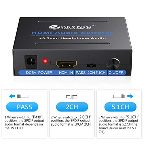 eSynic HDMI Extractor Audio Convertidor 1080P HDMI a HDMI Admite Toslink SPDIF Óptico, L/R, y Salida de Audio de 3.5mm con Interruptor de Encendido para Blu-ray DVD Player Xbox One SKY HD box PS3 PS4