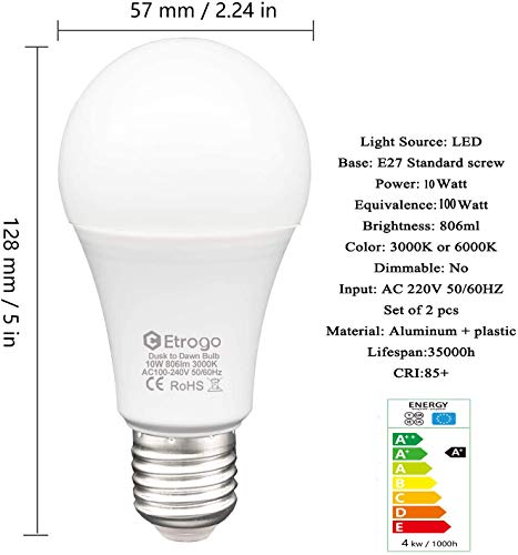 Etrogo Bombilla Crepuscular Led Sensor Luz E27 10W Equivalencia 100W Blanco Cálido 3000K Encender/Apagar Automático 806Lumens 2 Unidades [Clase de eficiencia energética A]