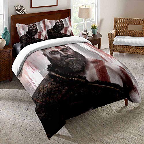 EU-VV Funda Nórdica God of War Kratos, Juego De Cama para Niños Junior, Funda Nórdica + 2 Fundas De Almohada, Resistente A La Humedad, Hipoalergénico ((150x200cm)-Cama de 90,Kratos 05)
