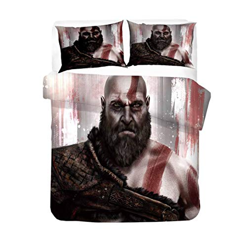EU-VV Funda Nórdica God of War Kratos, Juego De Cama para Niños Junior, Funda Nórdica + 2 Fundas De Almohada, Resistente A La Humedad, Hipoalergénico ((150x200cm)-Cama de 90,Kratos 05)