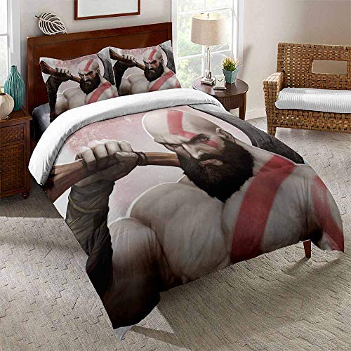 EU-VV Funda Nórdica God of War Kratos, Juego De Cama para Niños Junior, Funda Nórdica + 2 Fundas De Almohada, Resistente A La Humedad, Hipoalergénico ((180x220 cm)-Cama de 105/135,Kratos 03)