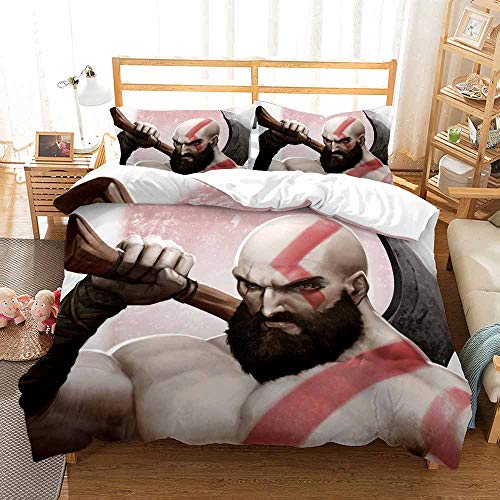 EU-VV Funda Nórdica God of War Kratos, Juego De Cama para Niños Junior, Funda Nórdica + 2 Fundas De Almohada, Resistente A La Humedad, Hipoalergénico ((180x220 cm)-Cama de 105/135,Kratos 03)