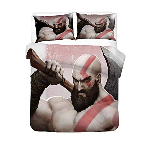 EU-VV Funda Nórdica God of War Kratos, Juego De Cama para Niños Junior, Funda Nórdica + 2 Fundas De Almohada, Resistente A La Humedad, Hipoalergénico ((180x220 cm)-Cama de 105/135,Kratos 03)
