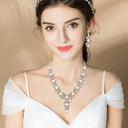 EVER FAITH Juegos de Joyas para Mujer Cristal Austríaco Perla Simulada Flor Hoja Vid Claro Tono Plateado Collares Pendientes Conjunto