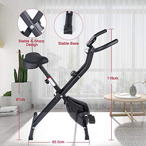 EVOLAND Bicicleta Estática Plegable, Bicicleta Estática con sensores de pulso y 2 mancuernas para Entrenamiento en casa, Fitness S-Bike, para Entrenamiento aeróbico, Fitness y X-Bike (Negro-sencillo)