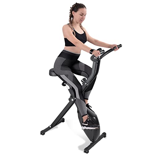 EVOLAND Bicicleta Estática Plegable, Bicicleta Estática con sensores de pulso y 2 mancuernas para Entrenamiento en casa, Fitness S-Bike, para Entrenamiento aeróbico, Fitness y X-Bike (Negro-sencillo)