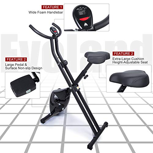 EVOLAND Bicicleta Estática Plegable, Bicicleta Estática con sensores de pulso y 2 mancuernas para Entrenamiento en casa, Fitness S-Bike, para Entrenamiento aeróbico, Fitness y X-Bike (Negro-sencillo)
