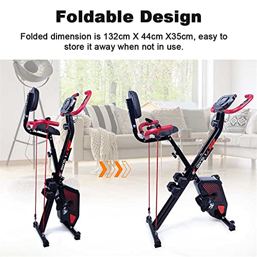 EVOLAND Bicicleta Estatica Plegable, Bicicleta Estática de Fitness Multinivel de Resistencia Magnética con Monitor Rítmo Cardíaco Viene con Mancuernas para Ejercicio Entrenamiento en Casa(Rojo+Negro)