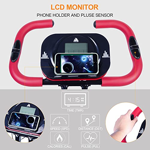 EVOLAND Bicicleta Estatica Plegable, Bicicleta Estática de Fitness Multinivel de Resistencia Magnética con Monitor Rítmo Cardíaco Viene con Mancuernas para Ejercicio Entrenamiento en Casa(Rojo+Negro)